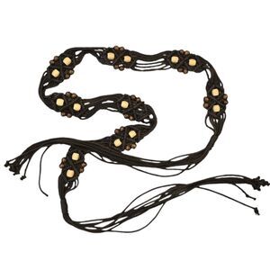 1990s Vintage Boho Brown Beaded Macrame Belt Brown Knotted with Wooden Beads